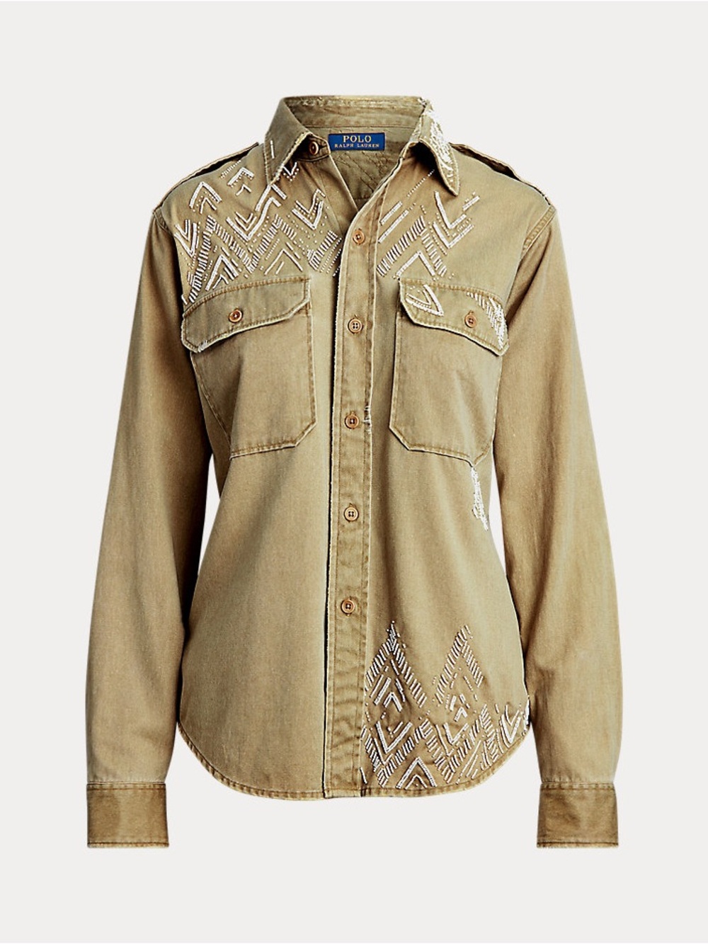 Polo Ralph Lauren Cotton Twill Southwestern Beaded Shirt XL Embroidered Military